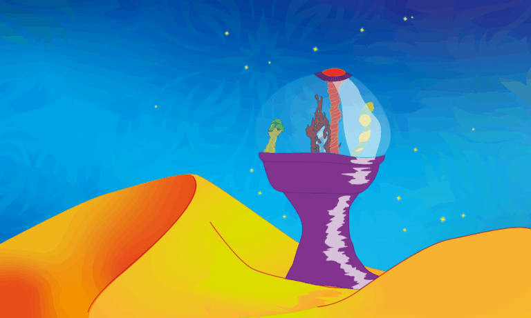 Eine Illustration von mir von 2011, zu sehen ist eine gelb-rote Wüste, mit einem außerirdischem, futuristischen Stadtturm.