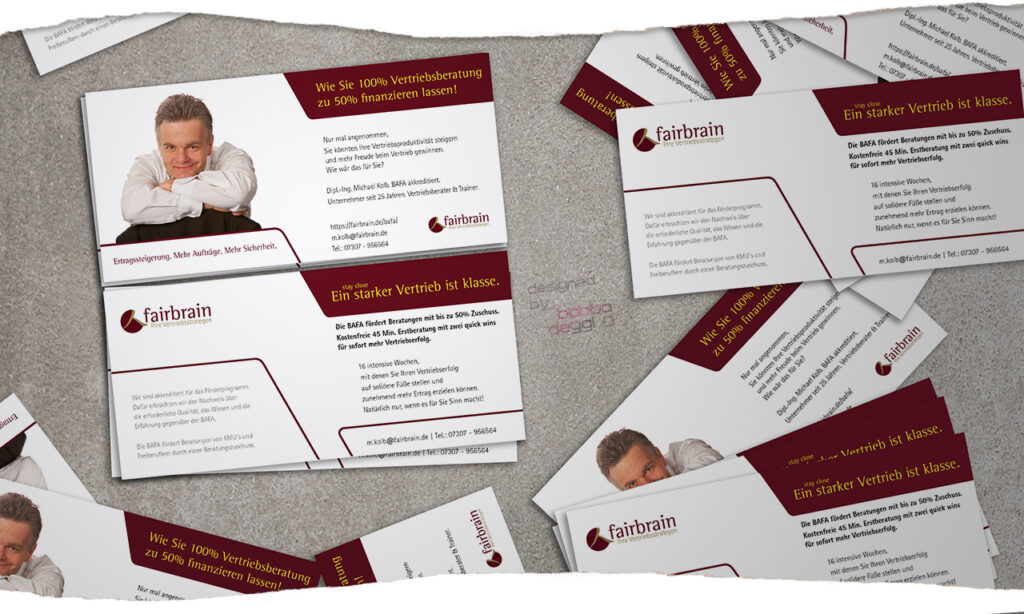 Din Lang Flyer für Michael Kolb und seine Firma fairbrain. Aquise- und Vertriebs-Weiterbildungen